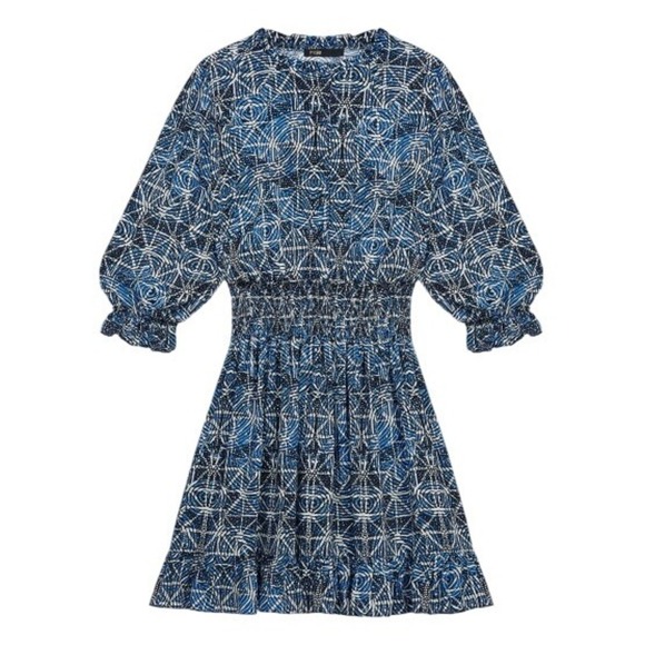 Maje Paris Blue Abstract Print Smocked Waist Mini Dress Size 40 - Picture 2 of 13